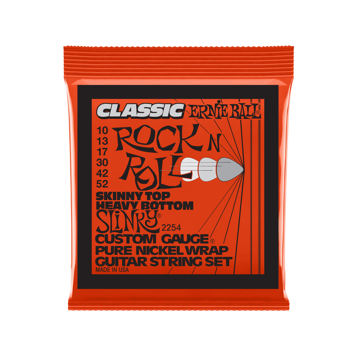 Ernie Ball P02254 Skinny Top Heavy Bottom Slinky Classic Rock n Roll Pure Nickel Wrap 6-String Electric Guitar Strings 10-52 Strings