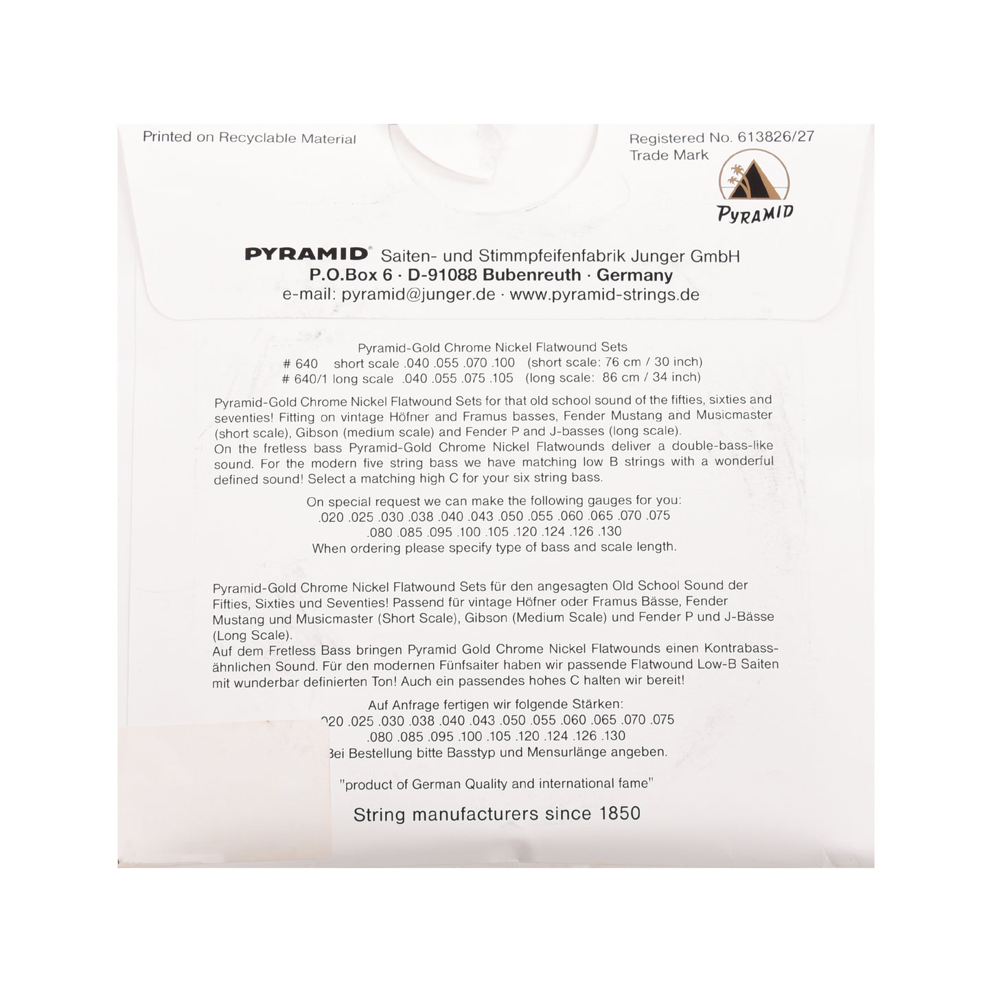 Pyramid Gold Flatwound Short Scale Bass Guitar Strings 40-100