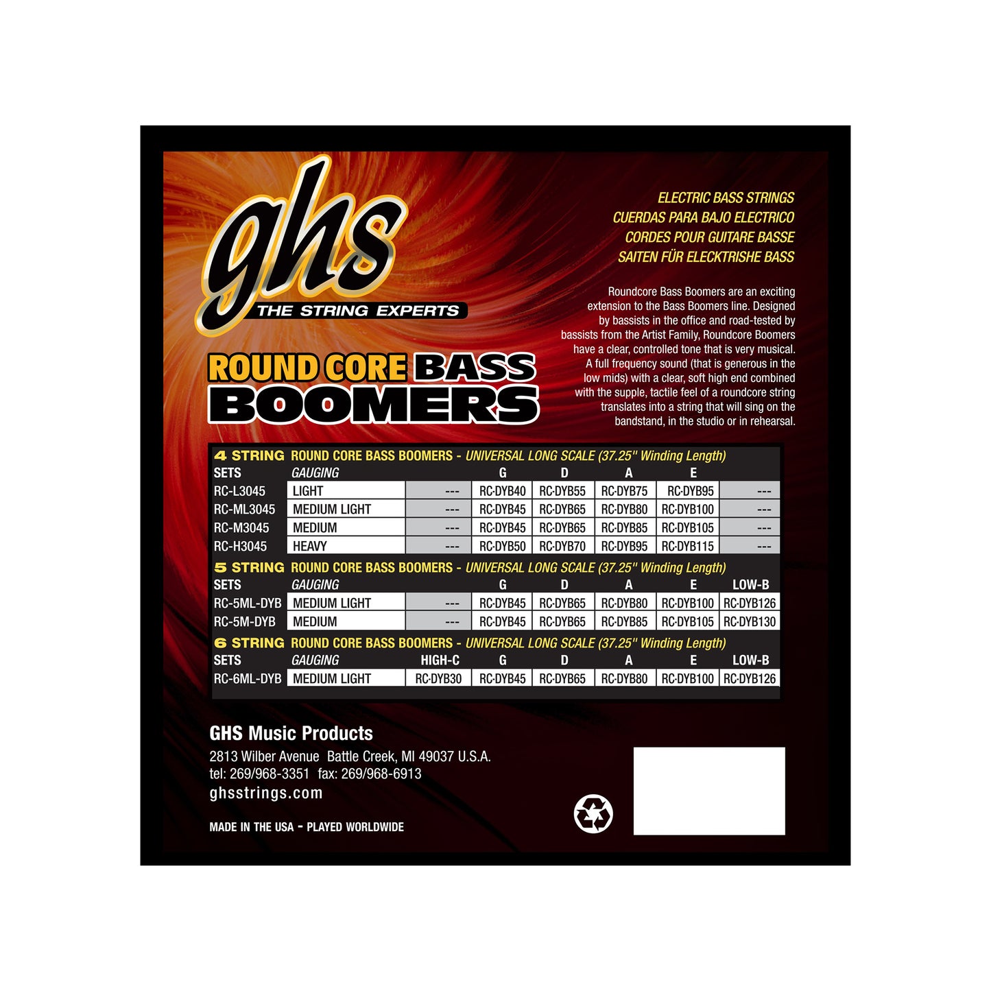 GHS Round Core Bass Boomers Universal Long Scale Light 40-95