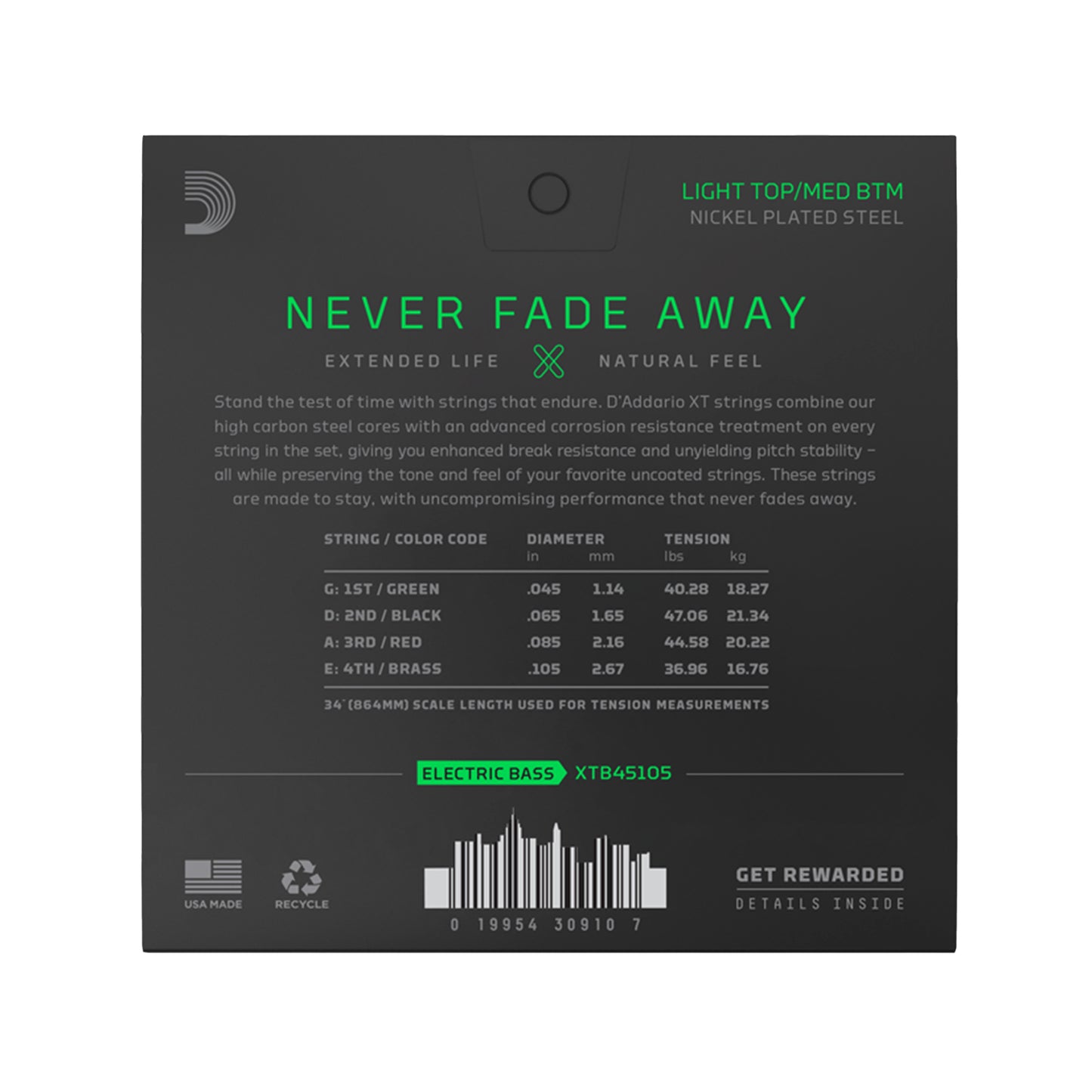 D'Addario XT Nickel Plated Steel Bass Guitar Strings Light Top/Medium Bottom Long Scale 45-105