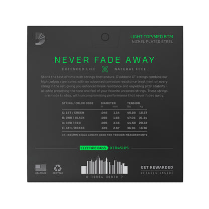 D'Addario XT Nickel Plated Steel Bass Guitar Strings Light Top/Medium Bottom Long Scale 45-105