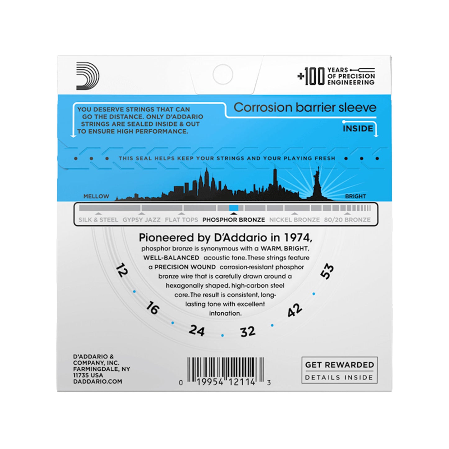 D'Addario EJ16 Phosphor Bronze Light Acoustic Guitar Strings 12-53