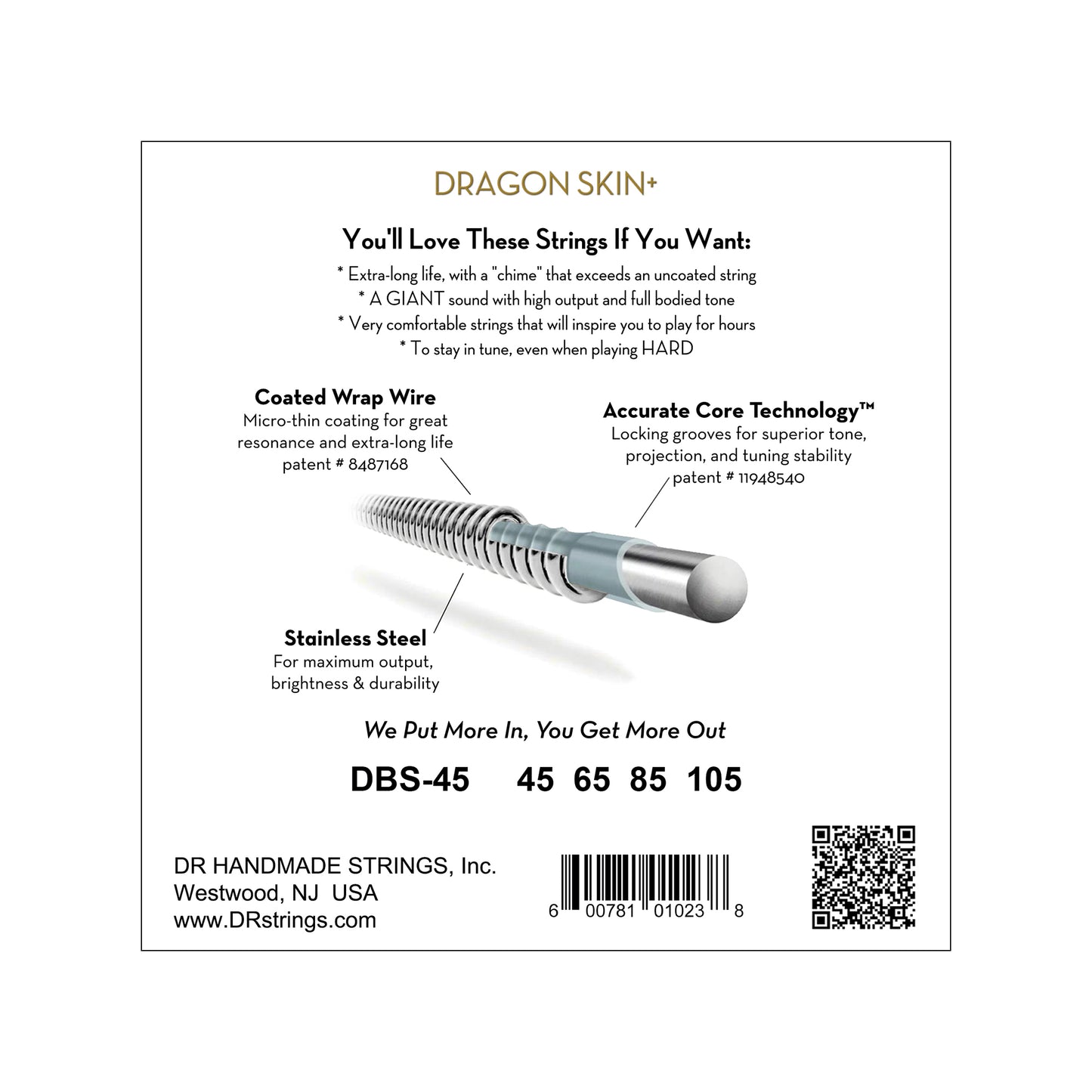 DR Strings DRAGON SKIN+ Stainless Steel Bass Strings Medium 45-105