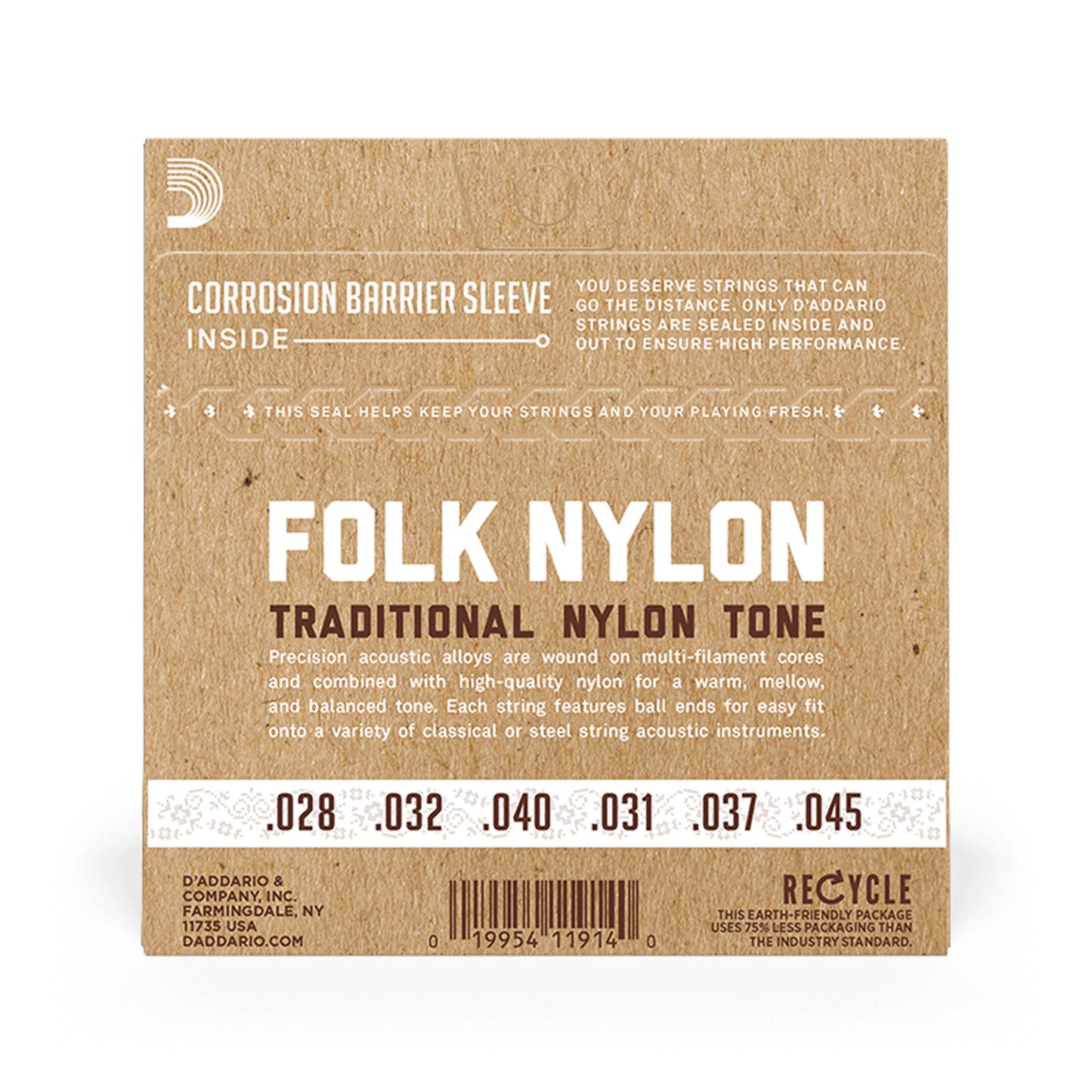 D'Addario EJ32 Folk Nylon Ball End Silver Wound Black Nylon Trebles