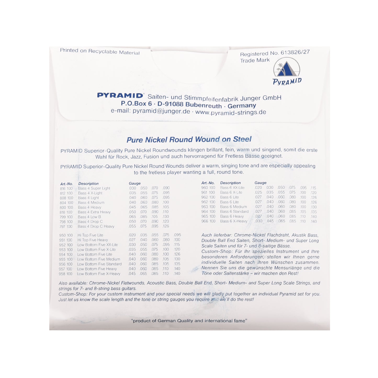 Pyramid Medium Round Wound Nickel Bass Strings 40-100