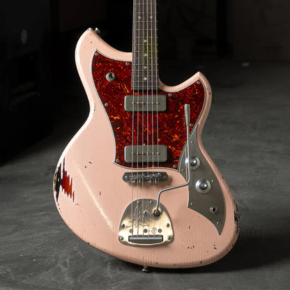 Novo Dealer Limited Serus J Shell Pink Over '64 3-Tone Burst Medium Distress w/ Lollar P-90 Pickups Electric Guitars