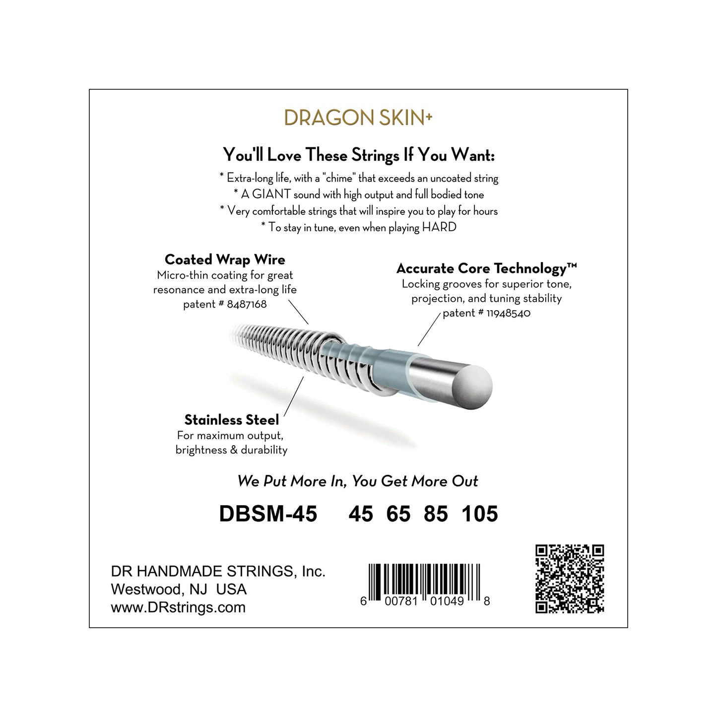 DR Strings DRAGON SKIN+ Stainless Steel Bass Strings Medium 45-105 Tapered Multi-Scale