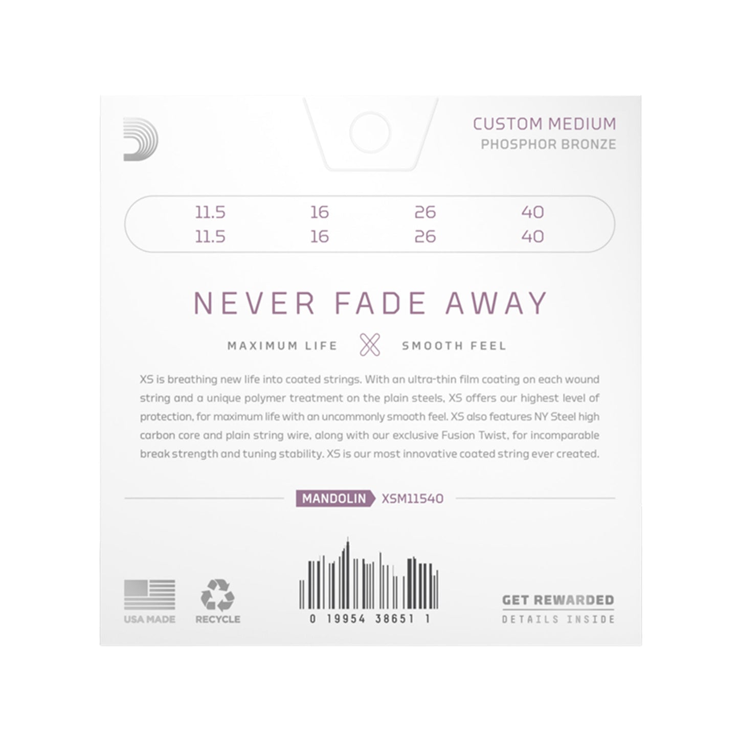 D'Addario XSM11540 XS Mandolin Phosphor Bronze Custom Medium 11.5-40