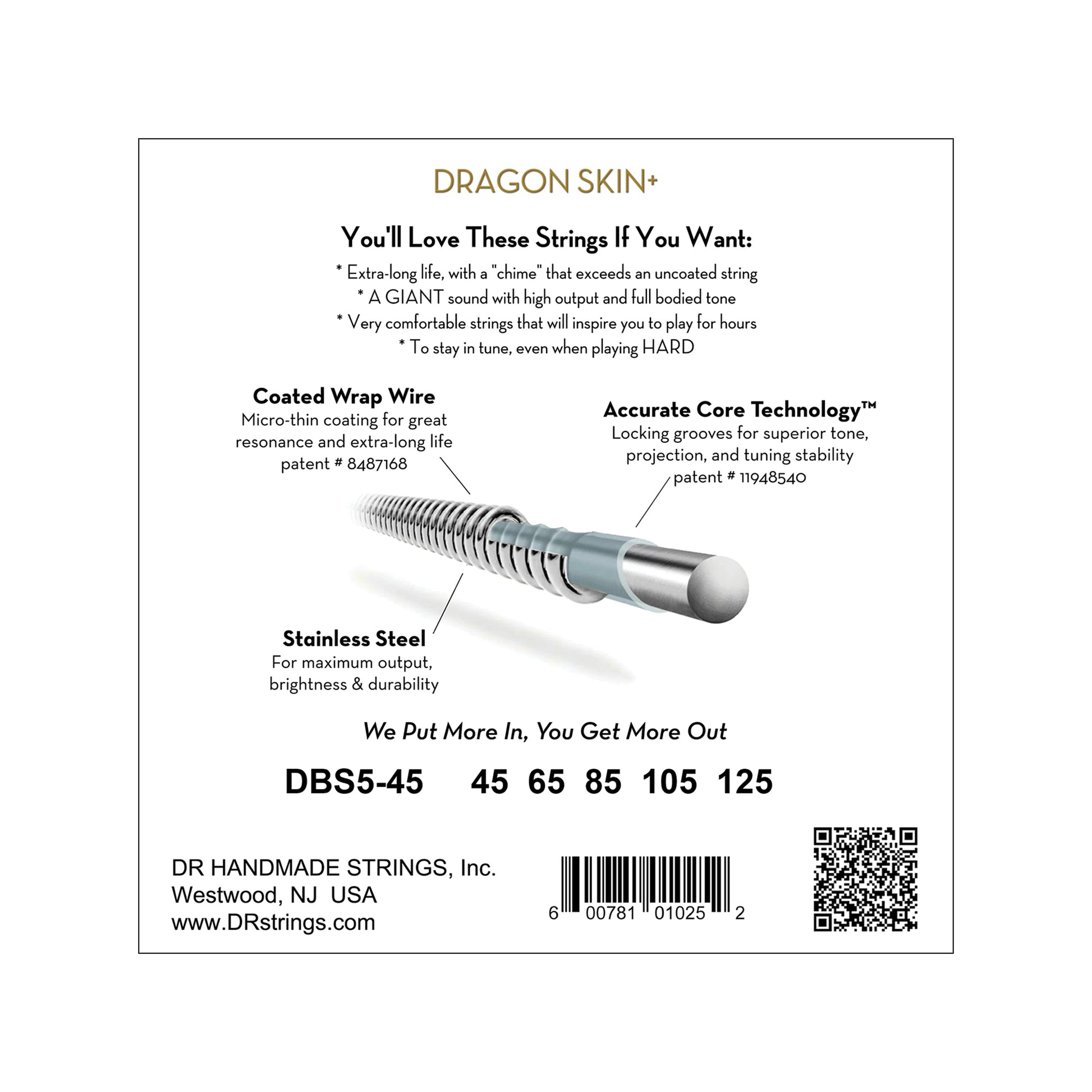 DR Strings DRAGON SKIN+ Stainless Steel Bass Strings 5-String Medium 45-125 Accessories / Strings / Bass Strings