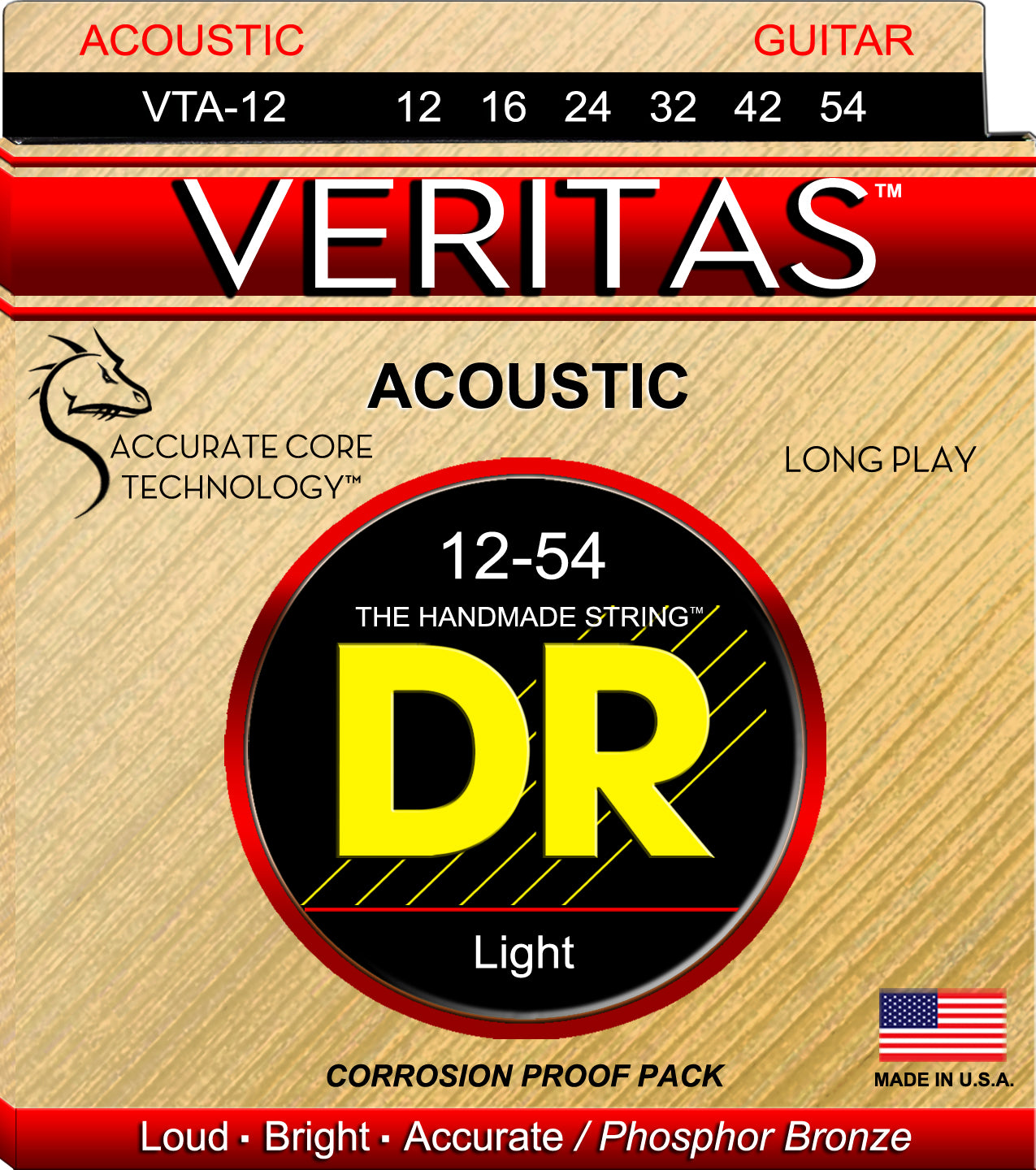 DR Strings VERITAS Coated Core Technology Acoustic Guitar Strings Light 12-54