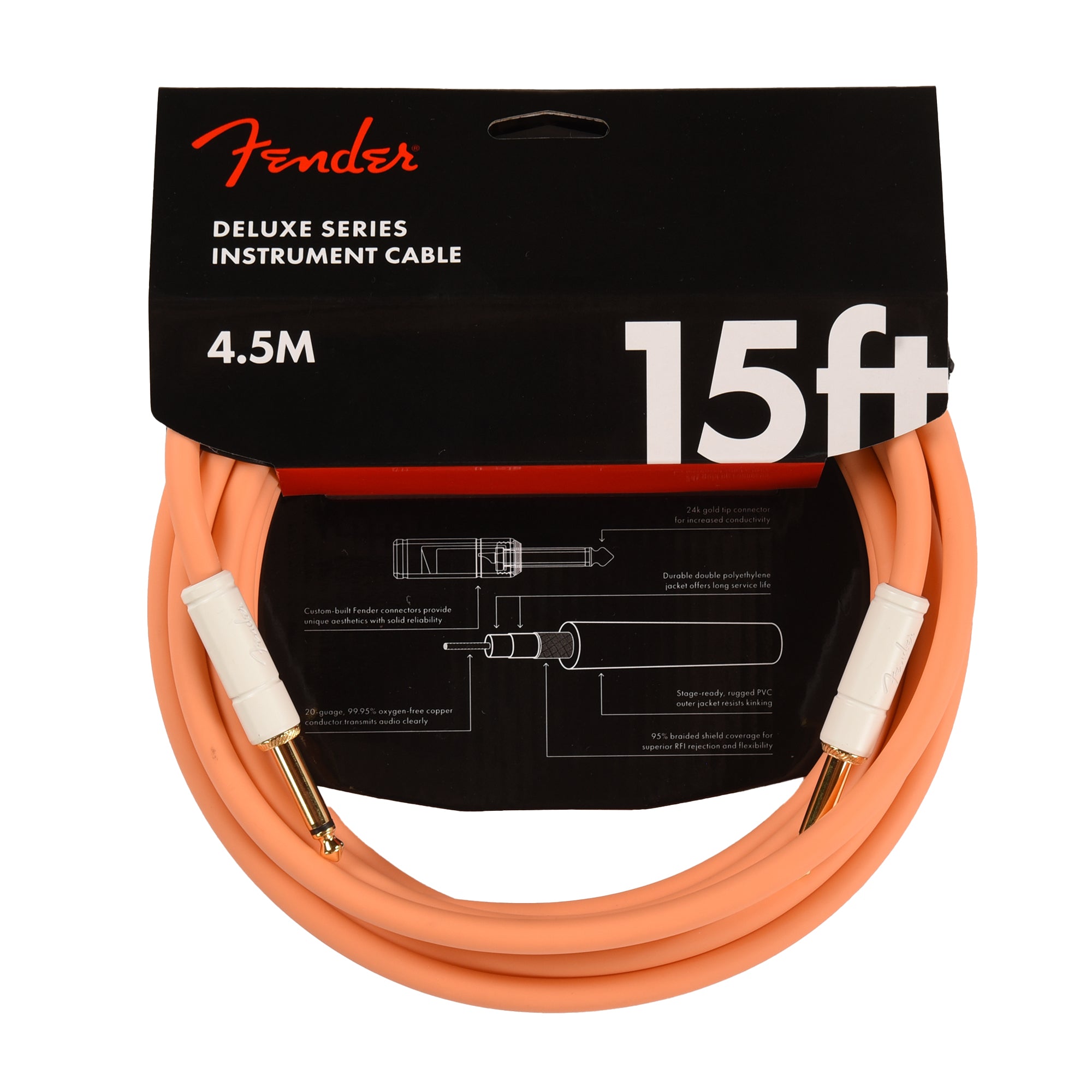 Fender Deluxe Instrument Cable Pacific Peach 15' Angle-Straight Accessories / Cables