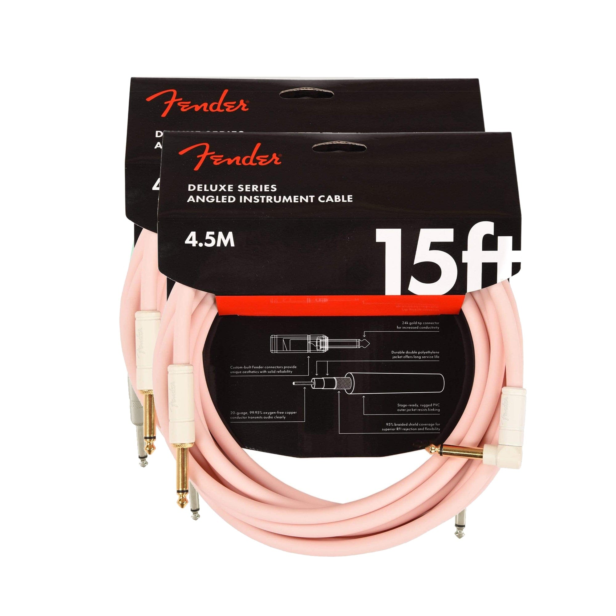 Fender Deluxe Instrument Cable Shell Pink 15' Angle-Straight (CME Exclusive) 2 Pack Bundle Accessories / Cables