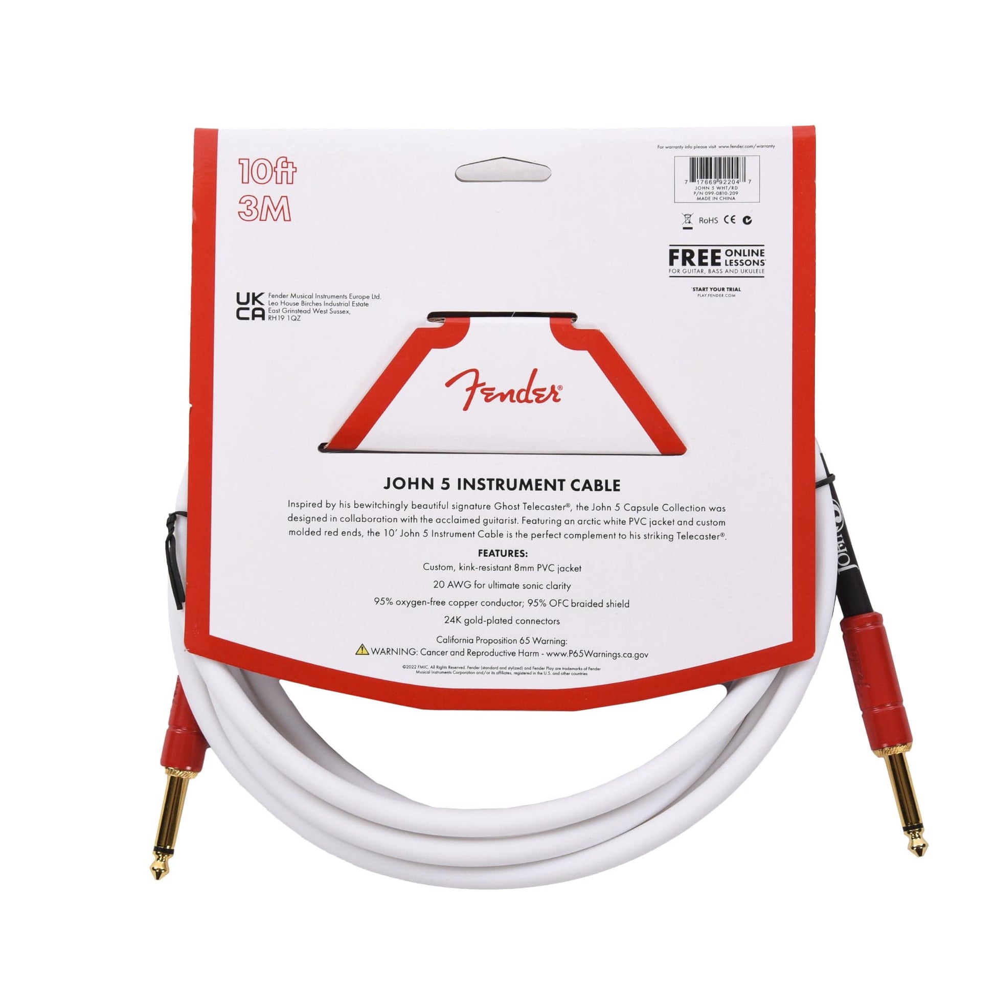 Fender John 5 10' Instrument Cable White/Red Accessories / Cables