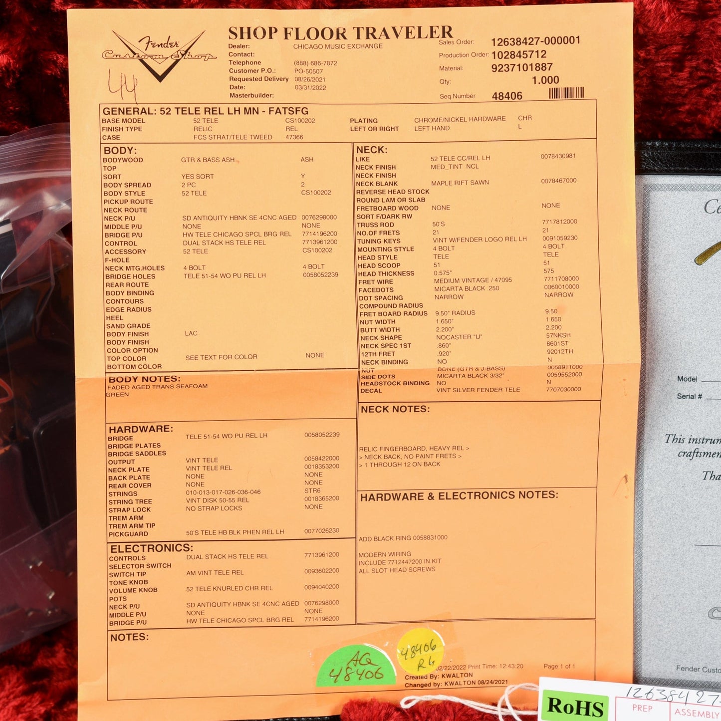 Fender Custom Shop 52 Telecaster HS Chicago Special Relic Faded Aged Trans Seafoam Green 2022 LEFTY Electric Guitars / Solid Body