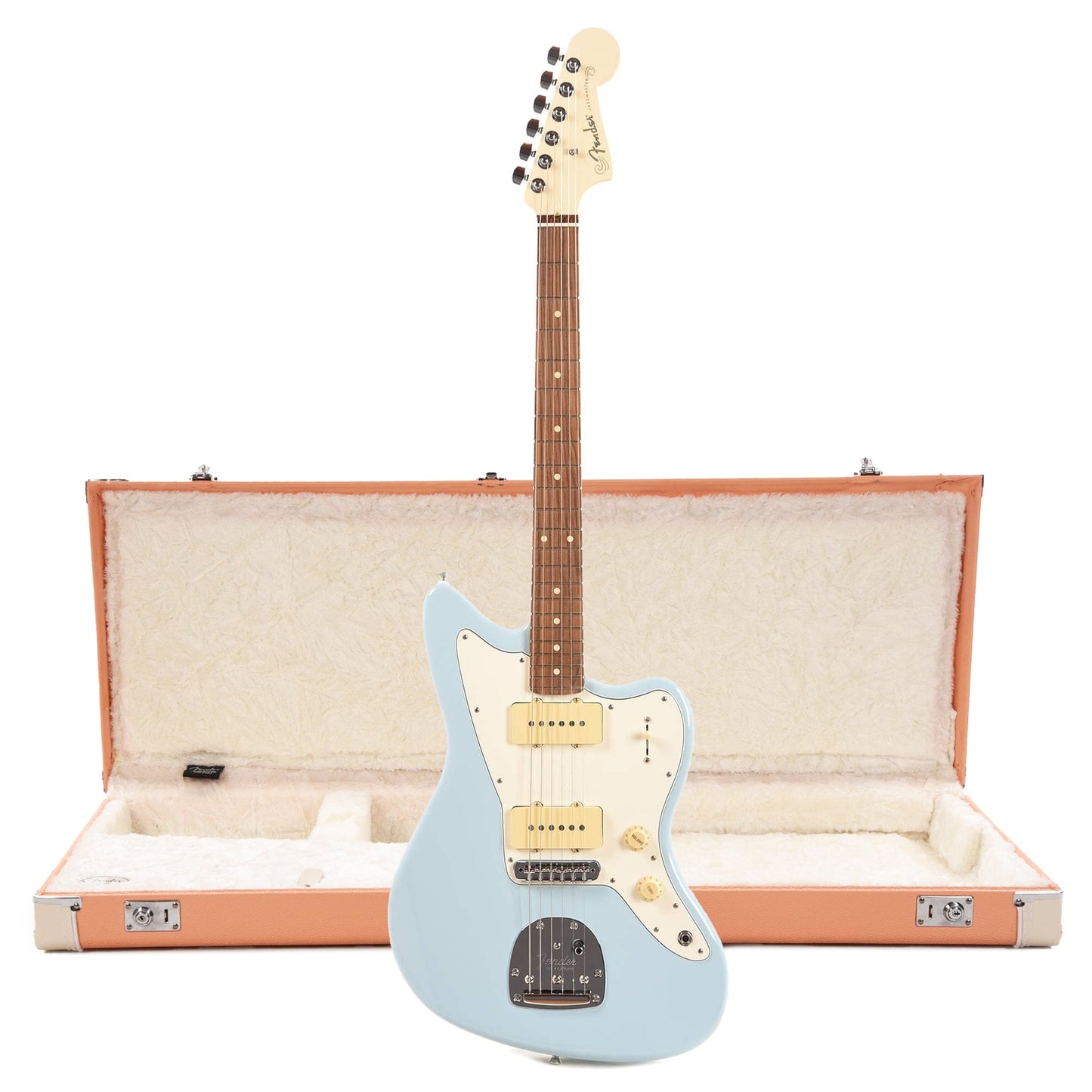 Fender Player Jazzmaster Sonic Blue w/Olympic White Headcap, Pure Vintage '65 Pickups, & Series/Parallel 4-Way and Classic Series Wood Case Jazzmaster/Jaguar Pacific Peach (CME Exclusive) Electric Guitars / Solid Body