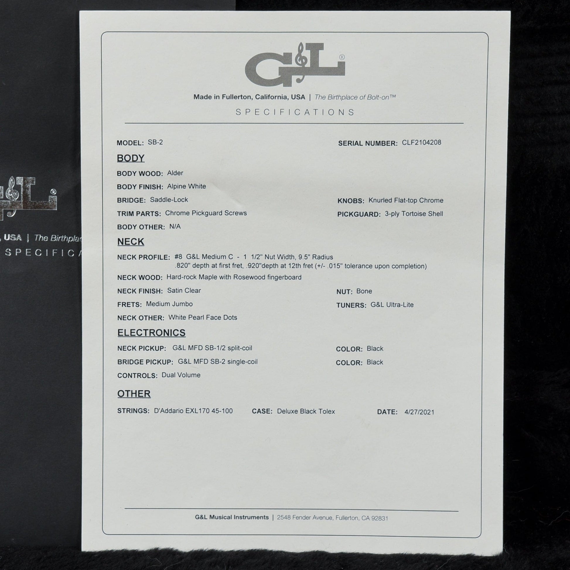 G&L SB-2 Fullerton Deluxe White 2021 Bass Guitars / 4-String