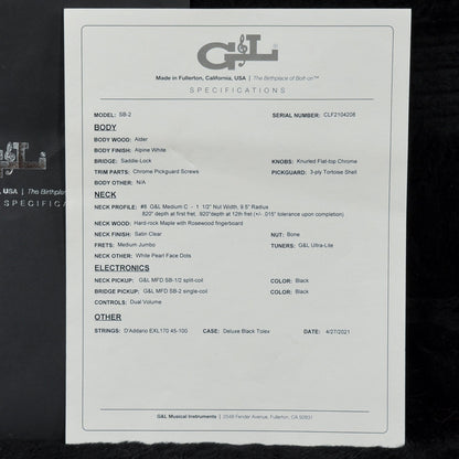 G&L SB-2 Fullerton Deluxe White 2021 Bass Guitars / 4-String