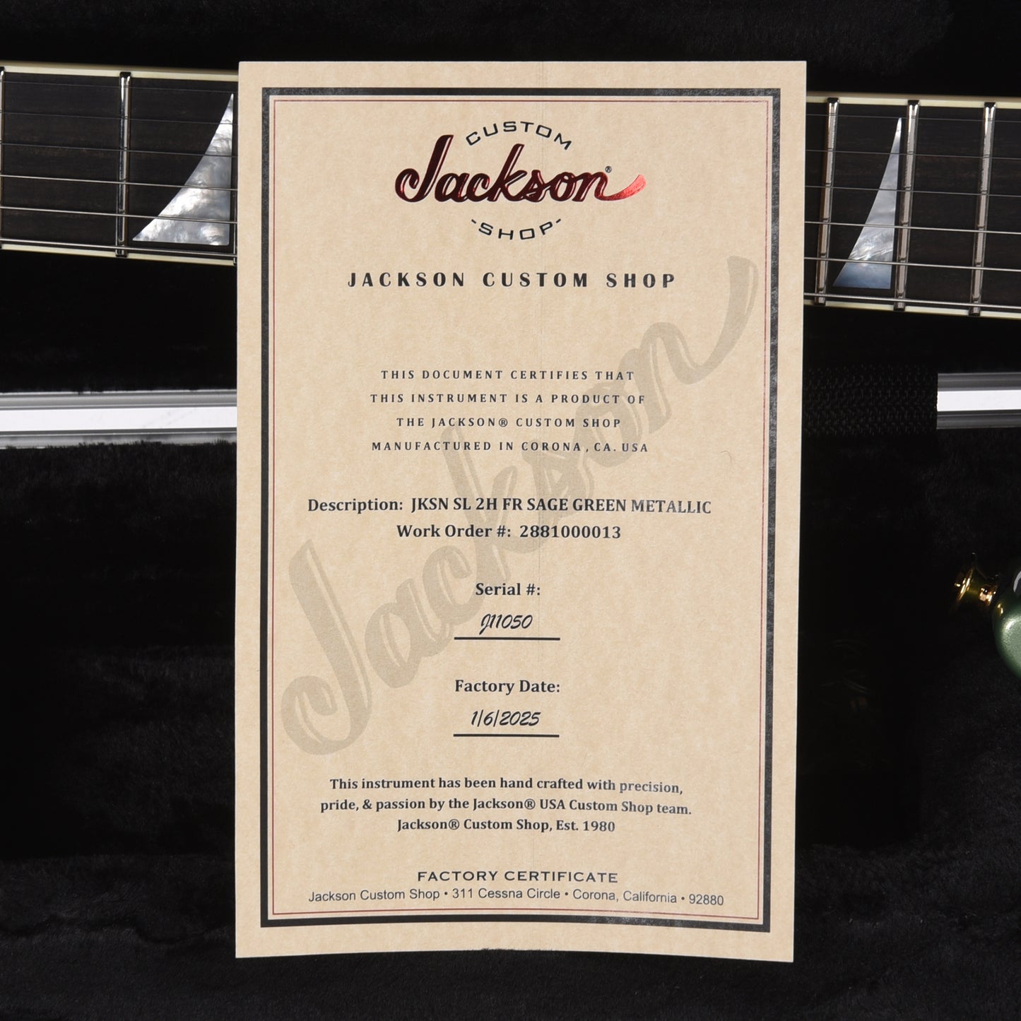 Jackson Custom Shop Soloist 2H FR Sage Green Metallic Electric Guitars / Solid Body