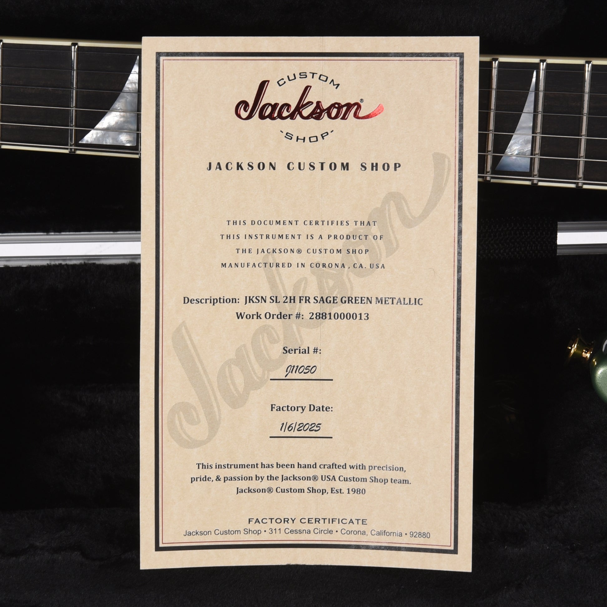 Jackson Custom Shop Soloist 2H FR Sage Green Metallic Electric Guitars / Solid Body