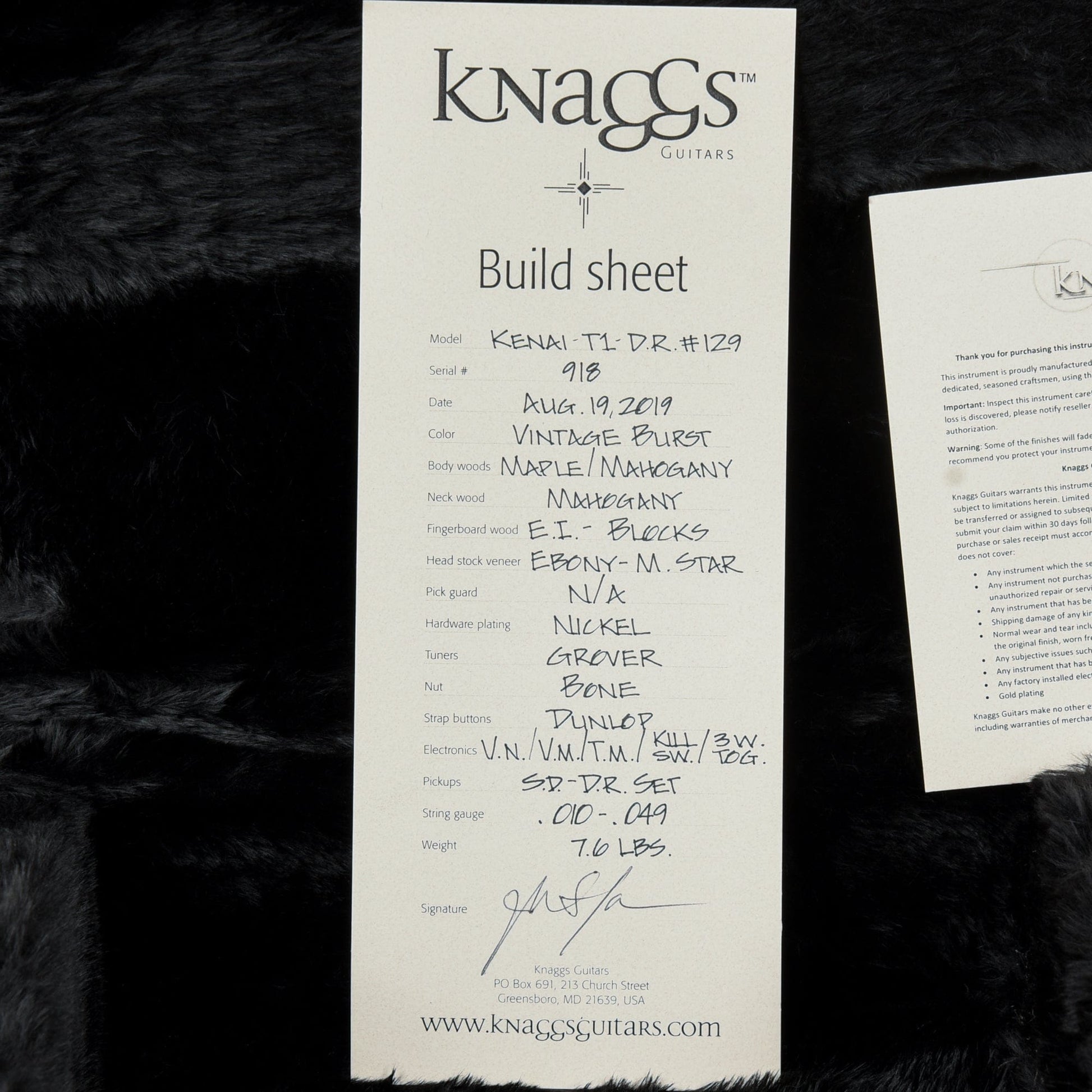 Knaggs Kenai T-1 Doug Rappaport Vintage Burst 2019 Electric Guitars / Solid Body