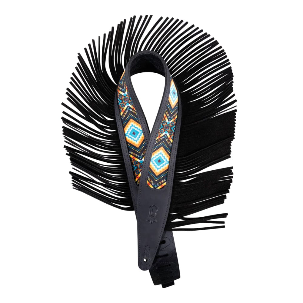 Levy's 2.5" Crazy Horse Leather Guitar Strap Black w/Fringe Detail and Western Print Accessories / Straps