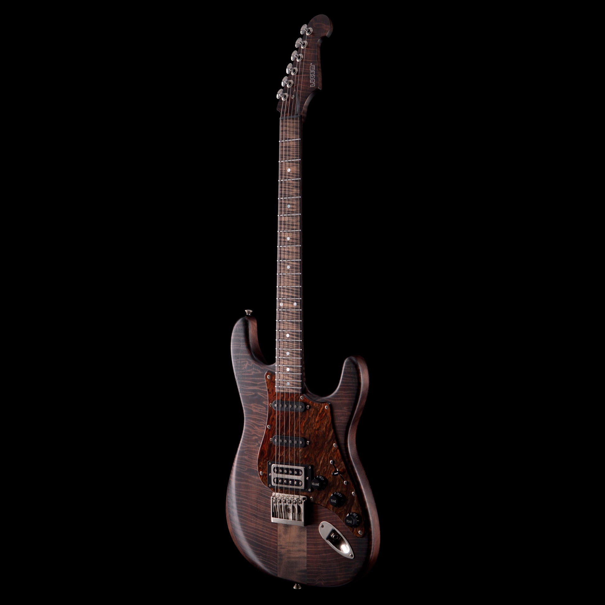 Lucem ST Deluxe Trans Black w/Flamed Giant Redwood Body & Bare Knuckle Irish Tour/Stormy Monday Set