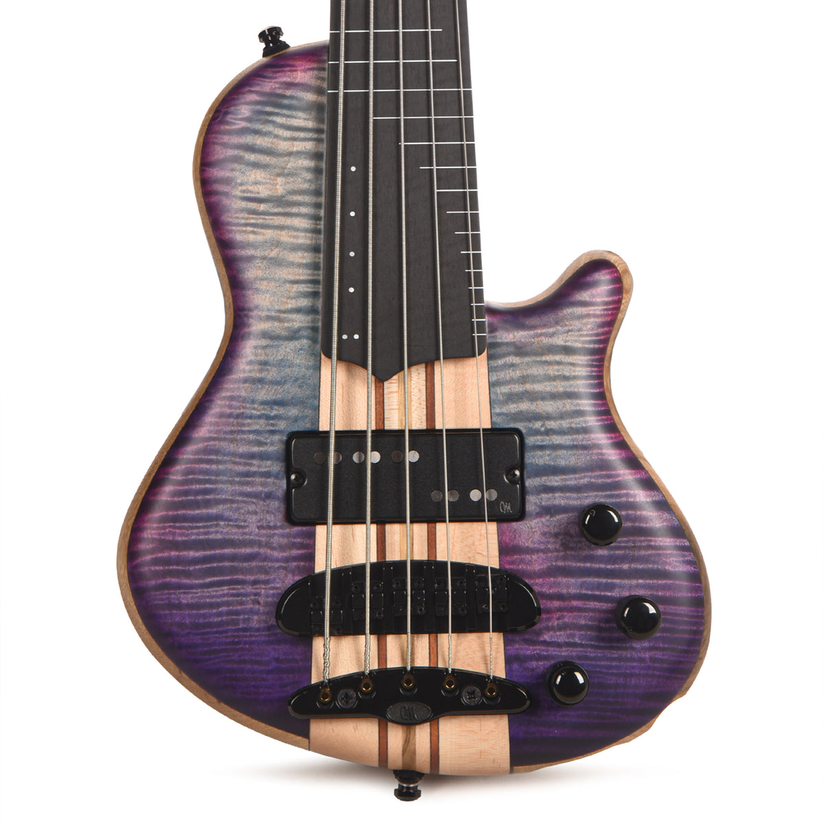 Mayones Cali 5 3A Flame Maple/Black Limba Custom Purple Partial Fretle ...