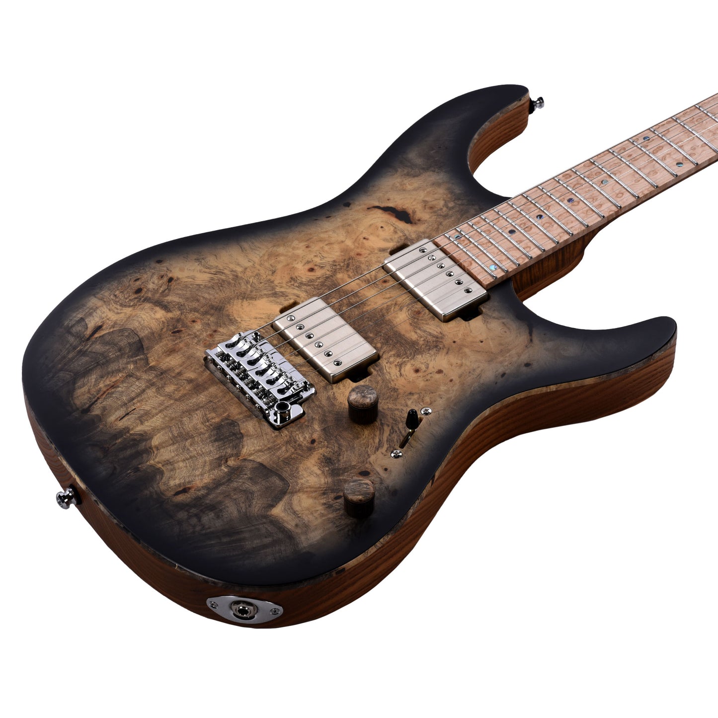 Mayones Aquila Elite S 6 Master Grade Buckeye Burl/Swamp Ash Trans Natural Black Burst Satin Electric Guitars / Solid Body
