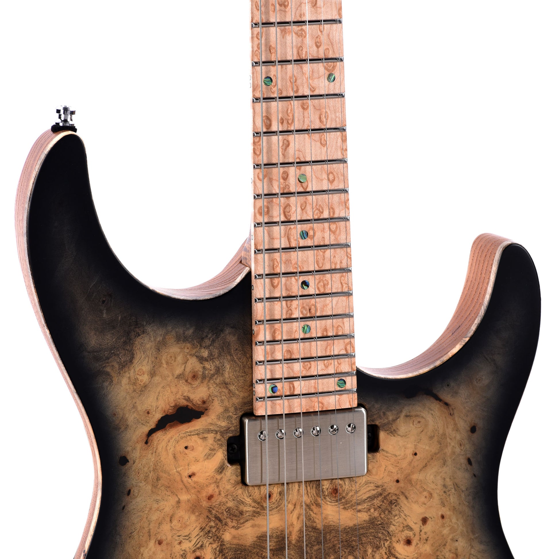 Mayones Aquila Elite S 6 Master Grade Buckeye Burl/Swamp Ash Trans Natural Black Burst Satin Electric Guitars / Solid Body