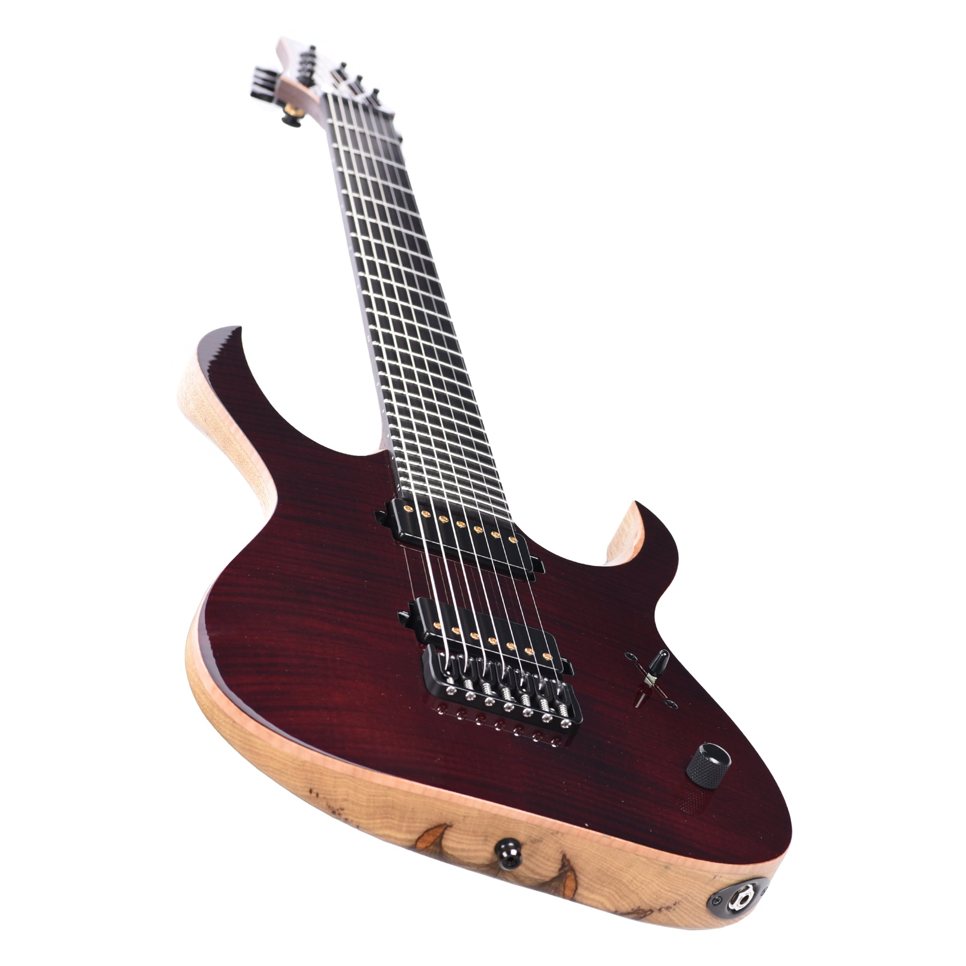 Mayones Duvell Elite 7 Baritone Flamed Maple 5A/Black Limba Trans Dirty Red Electric Guitars / Solid Body