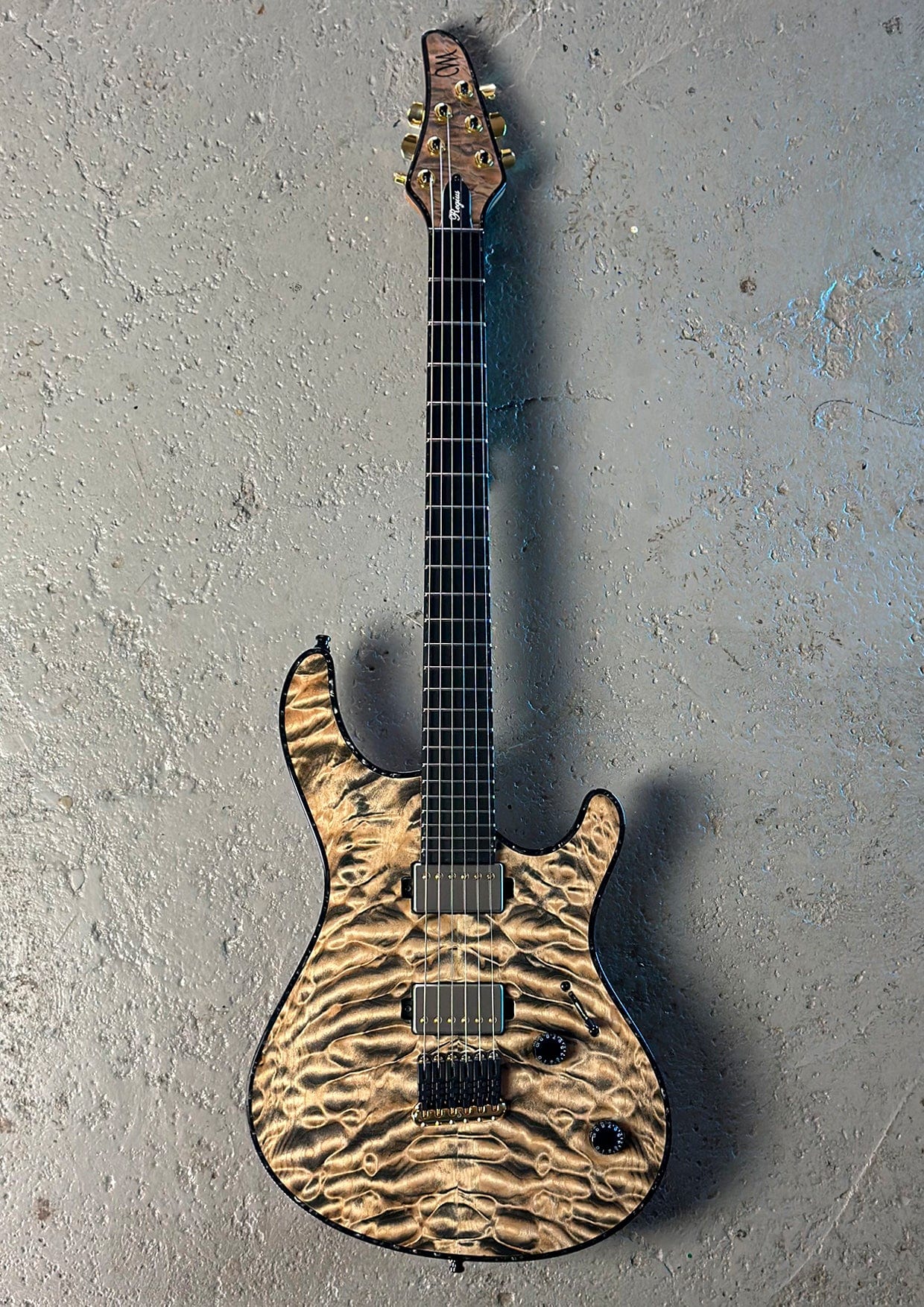Mayones Regius 6 5A Quilted Maple/Mahogany Khaya Transparent Jeans Black Gloss Electric Guitars / Solid Body