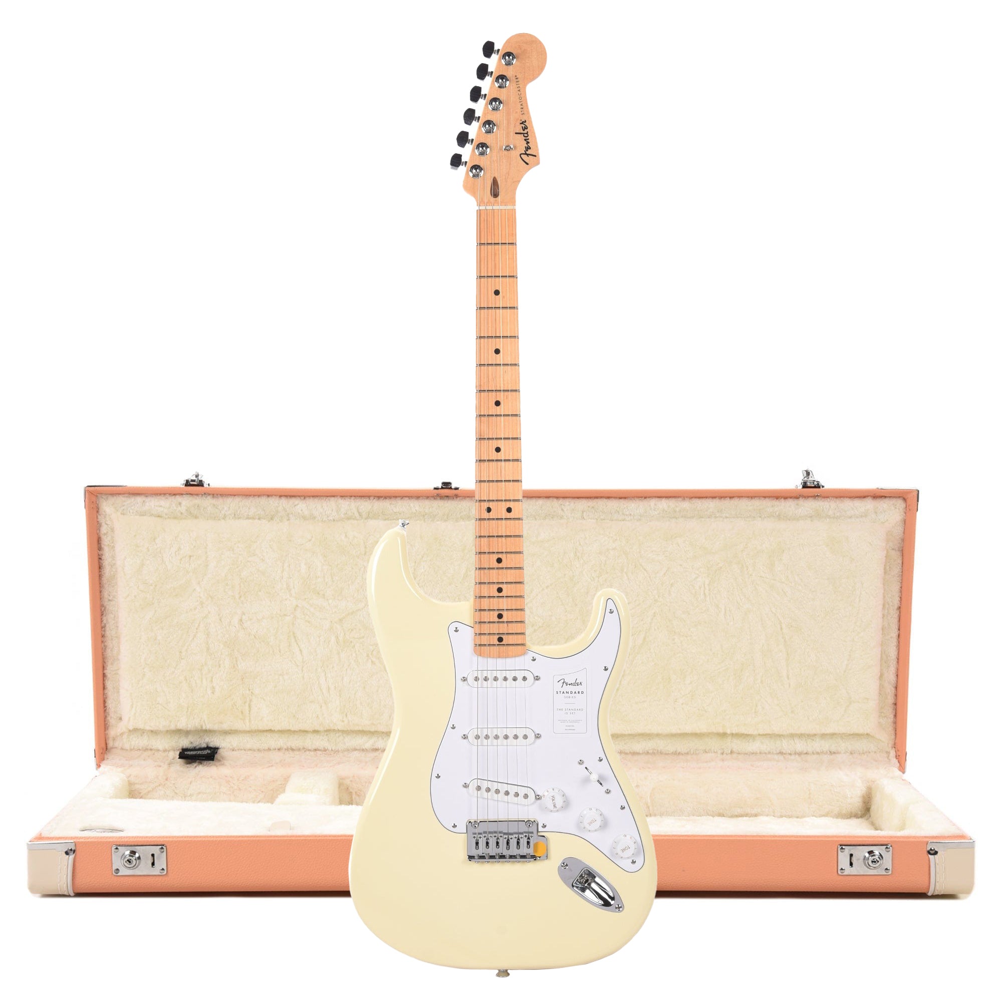 Fender Standard Stratocaster MN Olympic White and Pacific Peach Hardshell Case Bundle