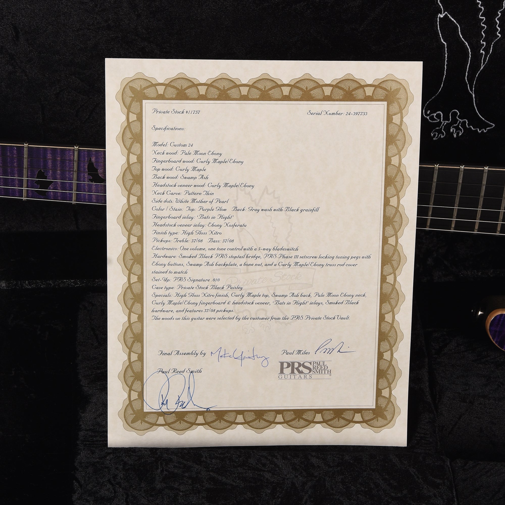 PRS Private Stock #11757 Custom 24 Stoptail Curly Maple/Swamp Ash Purple Glow w/Pale Moon Ebony Neck & Bats in Flight Inlay