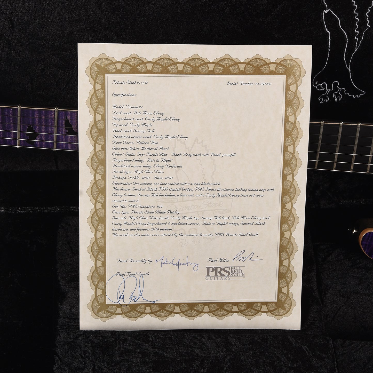 PRS Private Stock #11757 Custom 24 Stoptail Curly Maple/Swamp Ash Purple Glow w/Pale Moon Ebony Neck & Bats in Flight Inlay