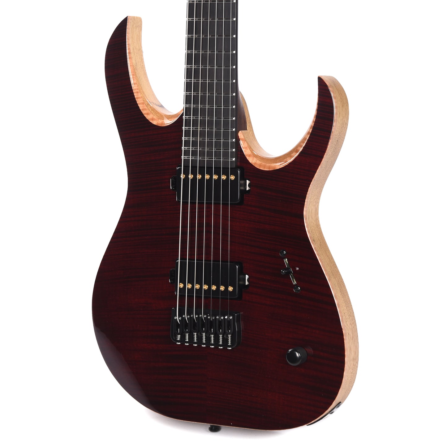 Mayones Duvell Elite 7 Baritone Flamed Maple 5A/Black Limba Trans Dirty Red