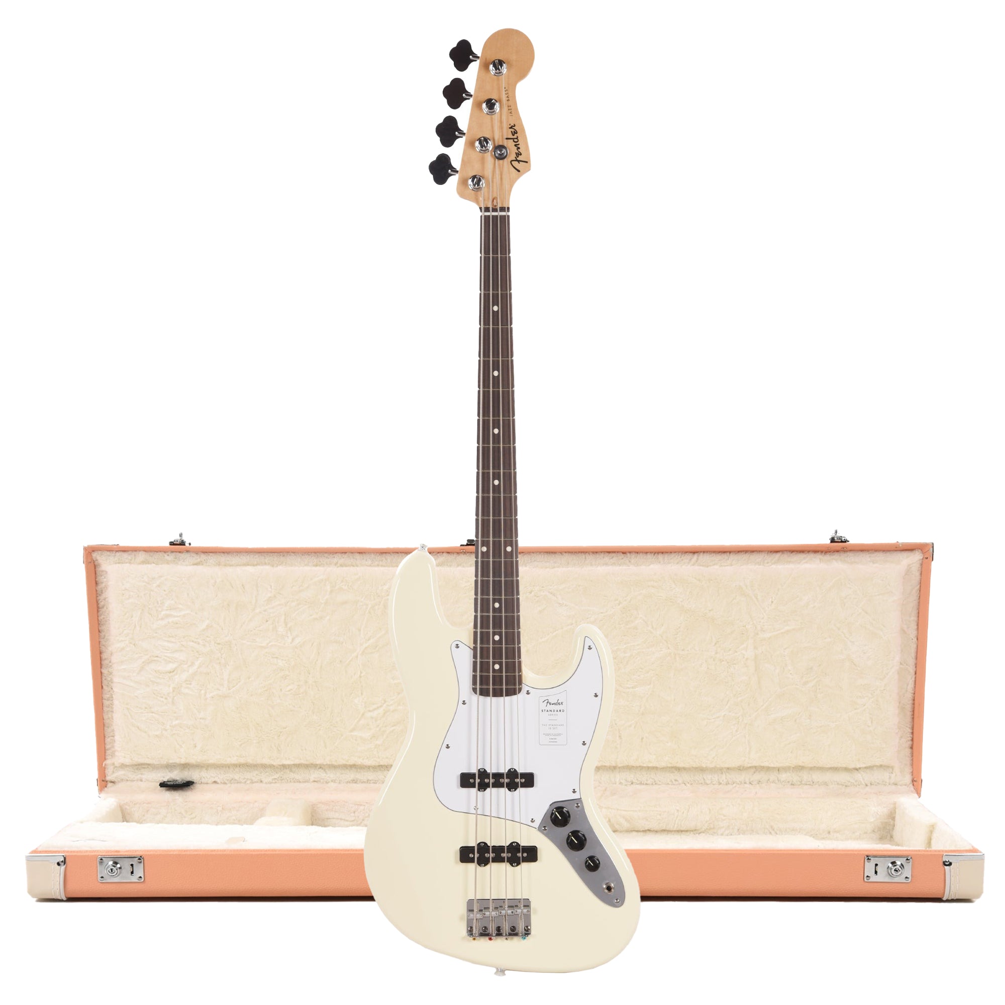 Fender Standard Jazz Bass LRL Olympic White and Pacific Peach Hardshell Case Bundle