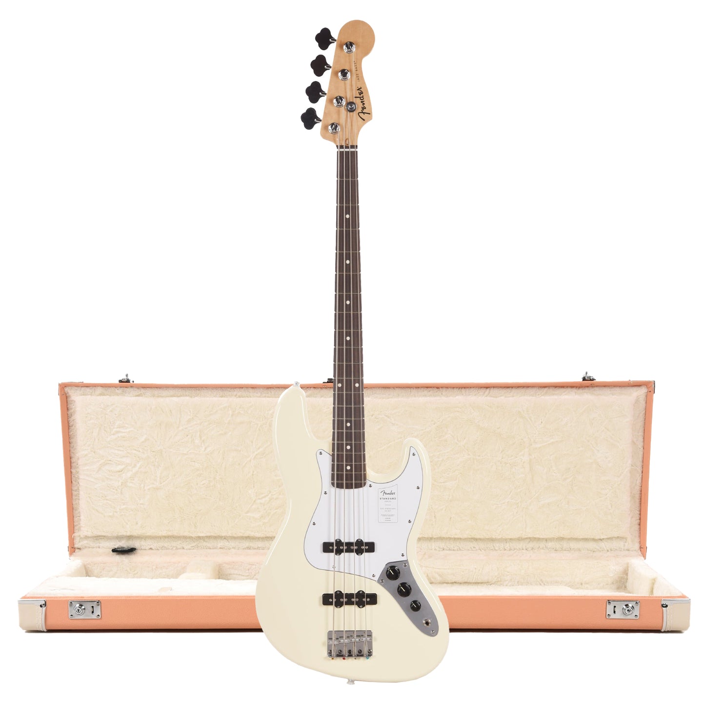 Fender Standard Jazz Bass LRL Olympic White and Pacific Peach Hardshell Case Bundle