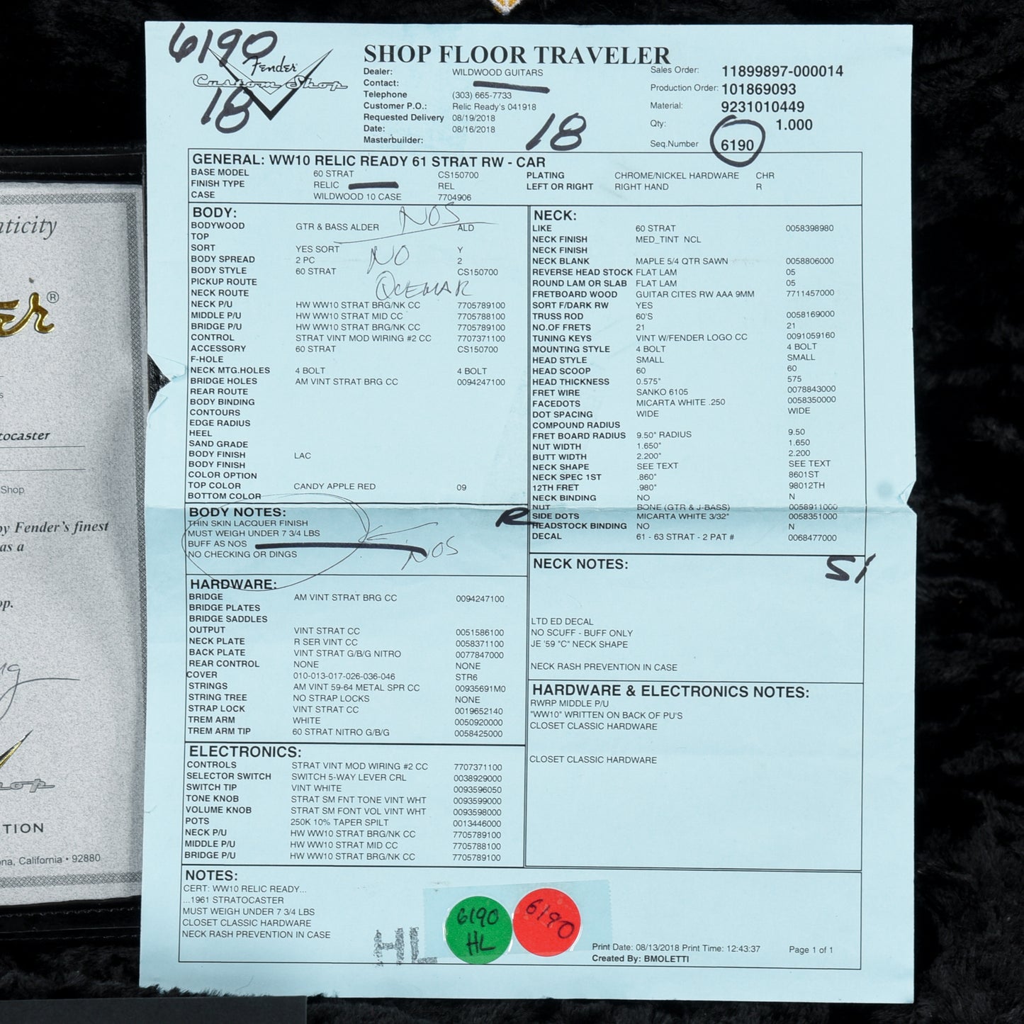 Fender Custom Shop WW10 '61 Stratocaster Relic Ready Candy Apple Red 2018