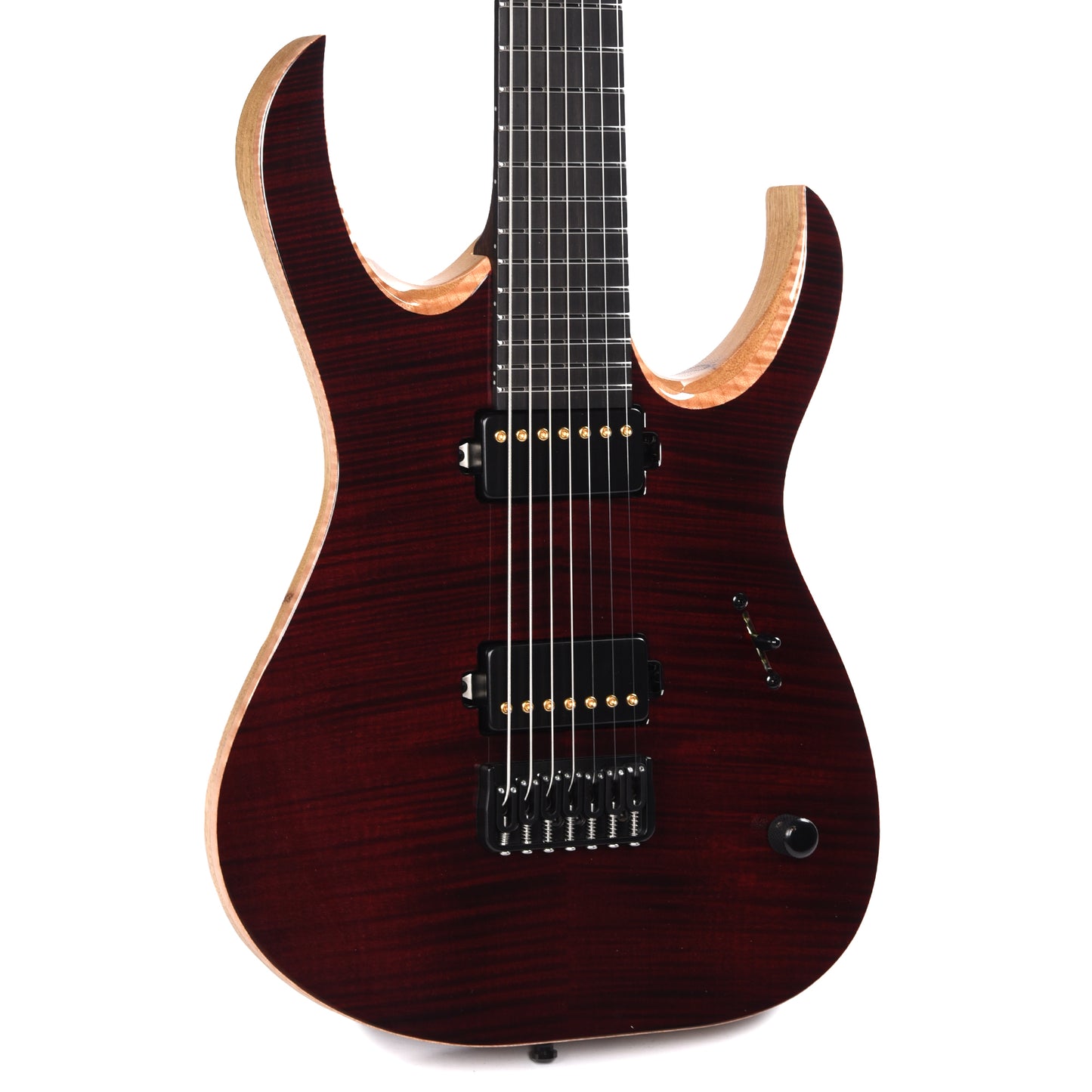 Mayones Duvell Elite 7 Baritone Flamed Maple 5A/Black Limba Trans Dirty Red