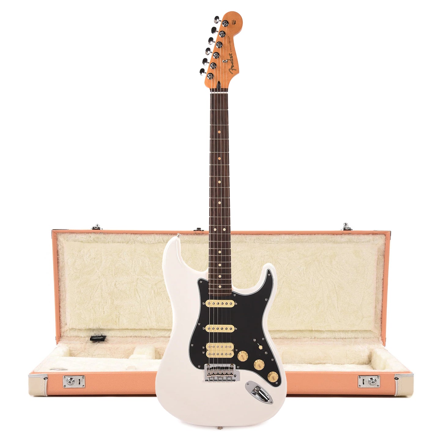 Fender Player II Stratocaster HSS RW Polar White and Pacific Peach Hardshell Case Bundle