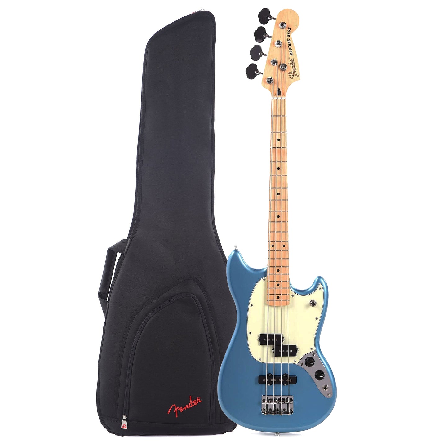 Fender Player Mustang Bass PJ Lake Placid Blue w/3-Ply Mint Pickguard and FBSS-610 Short Scale Bass Gig Bag Bundle
