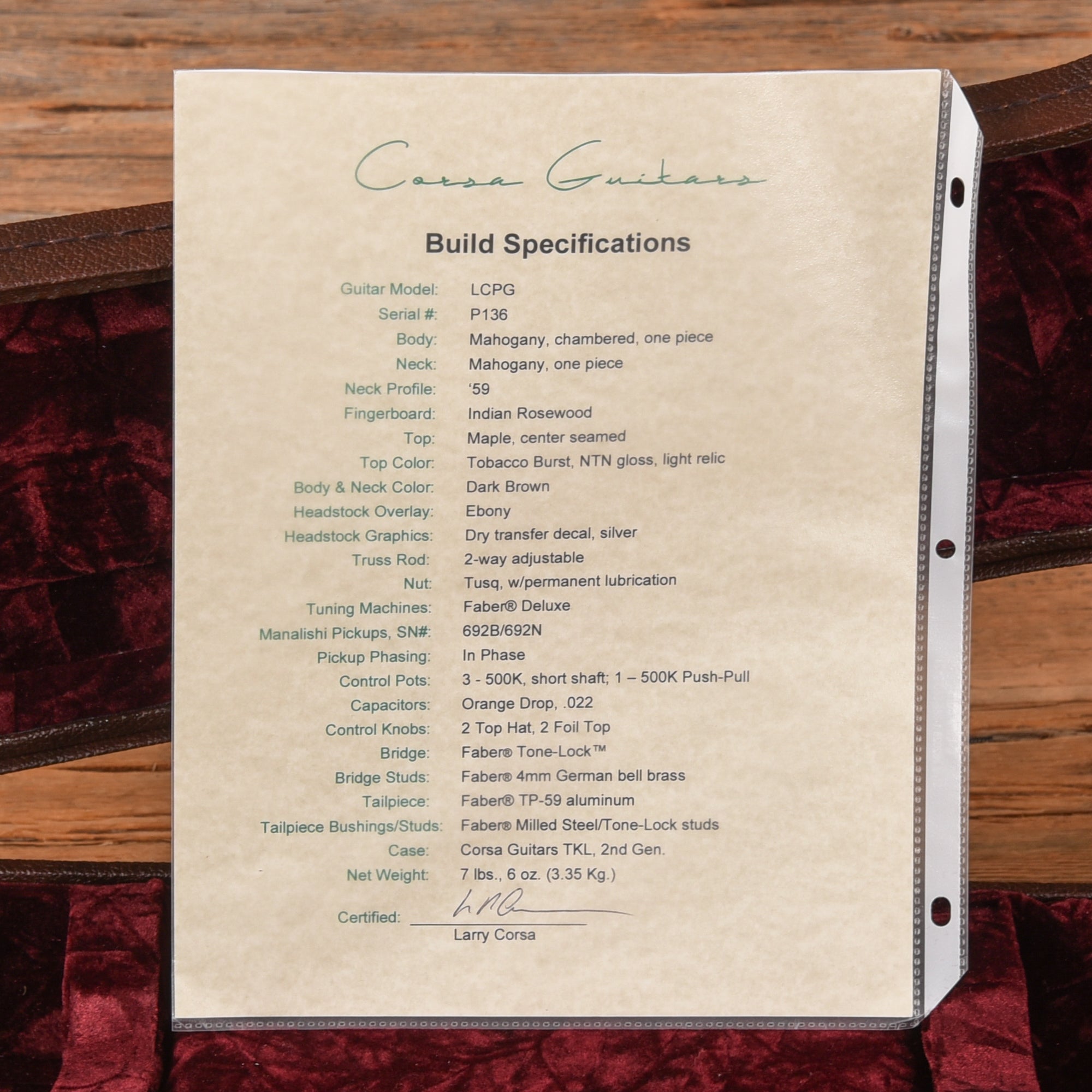 Corsa LCPG Tobacco Burst Light Relic 2025