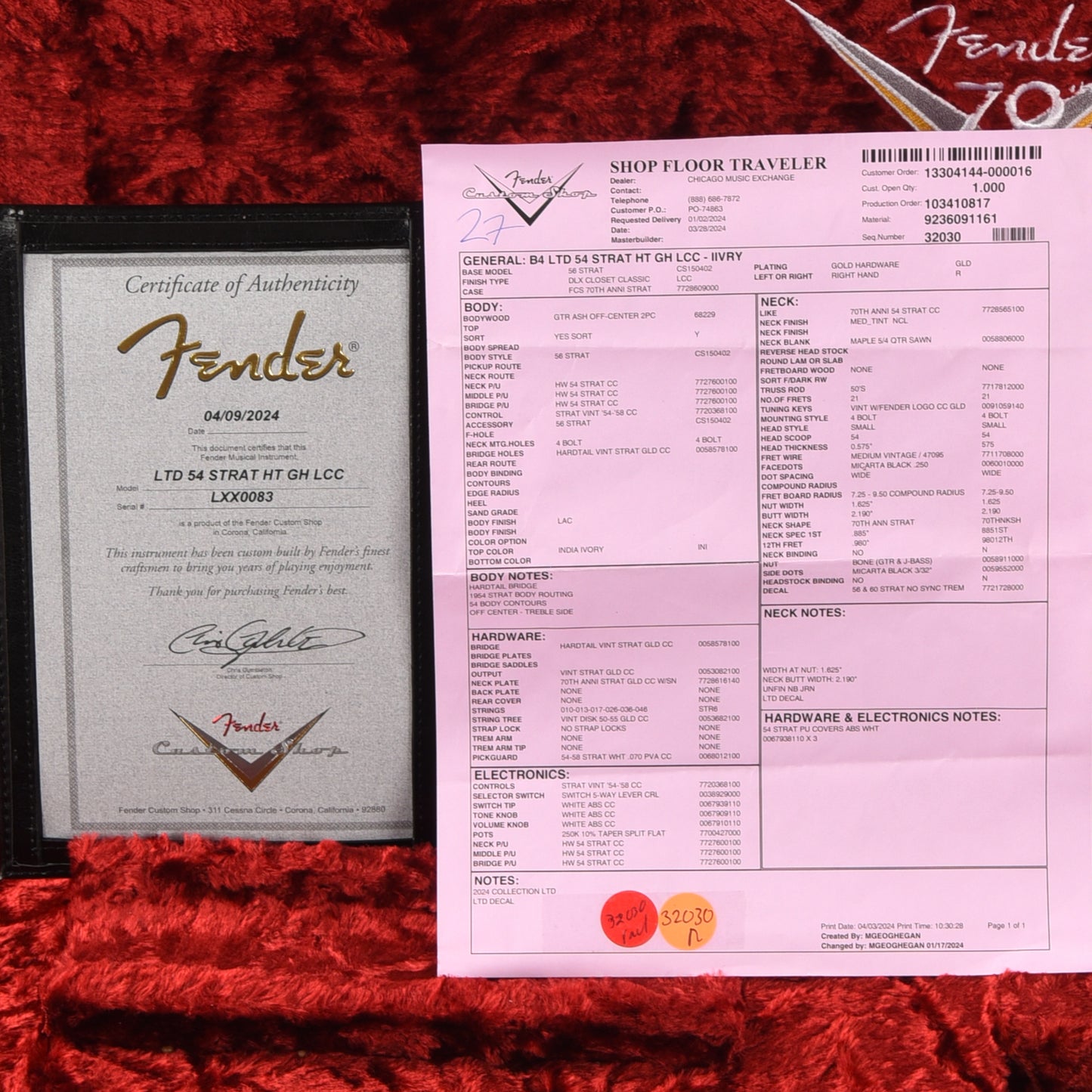 Fender Custom Shop Limited Edition '54 Hardtail Stratocaster Deluxe Closet Classic with Gold Hardware India Ivory