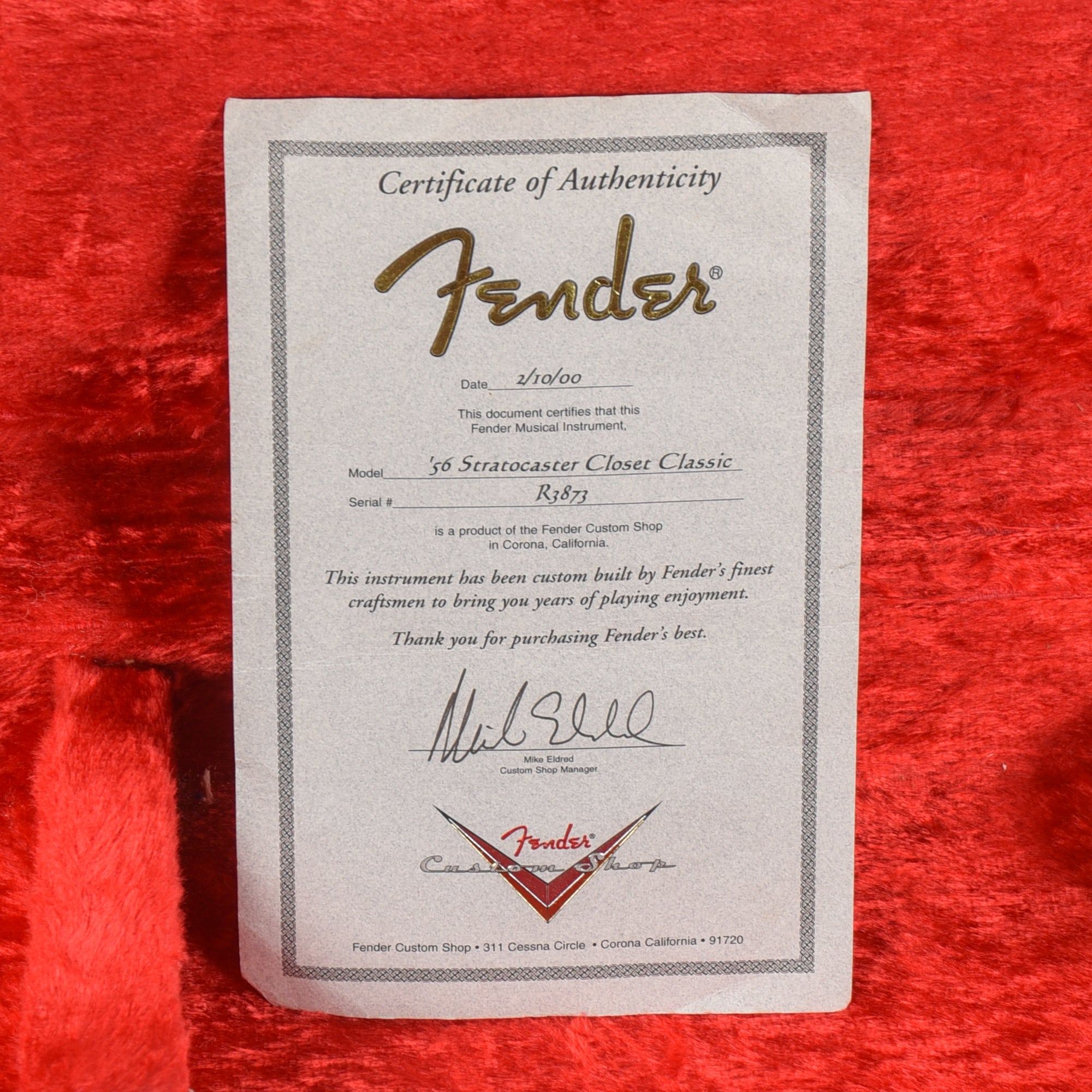 Fender Custom Shop 56 Stratocaster Closet Classic w/Replacement Neck Fiesta Red 2000