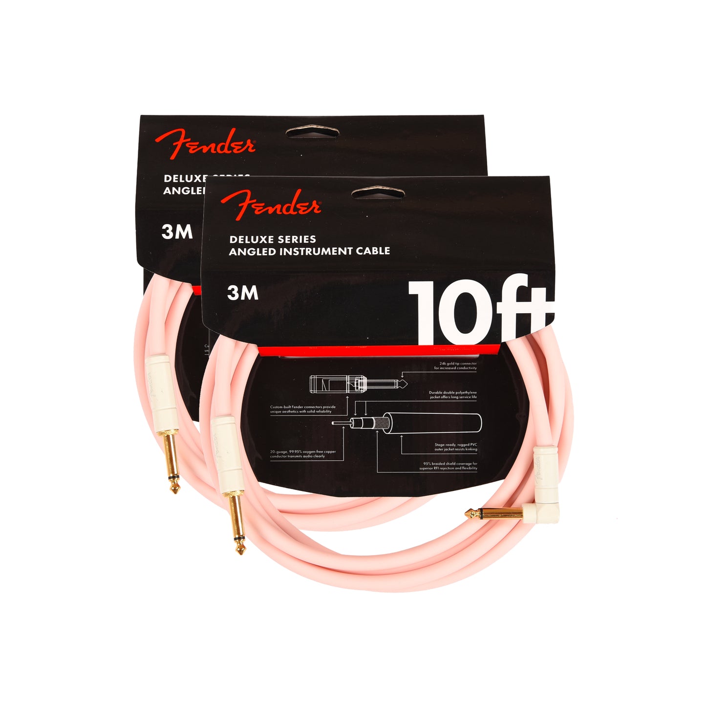 Fender Deluxe Instrument Cable Shell Pink 10' Angle-Straight 2 Pack Bundle