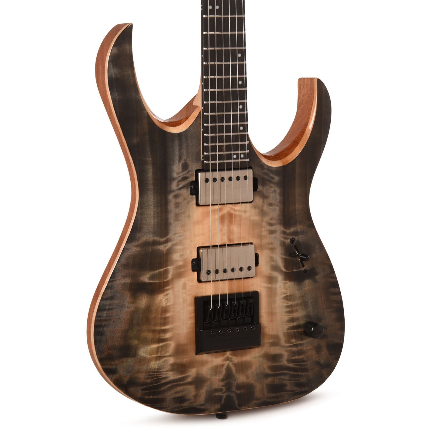 Mayones Duvell Elite 4Ever 6 AAA Curly Poplar Natural Fade Black Burst