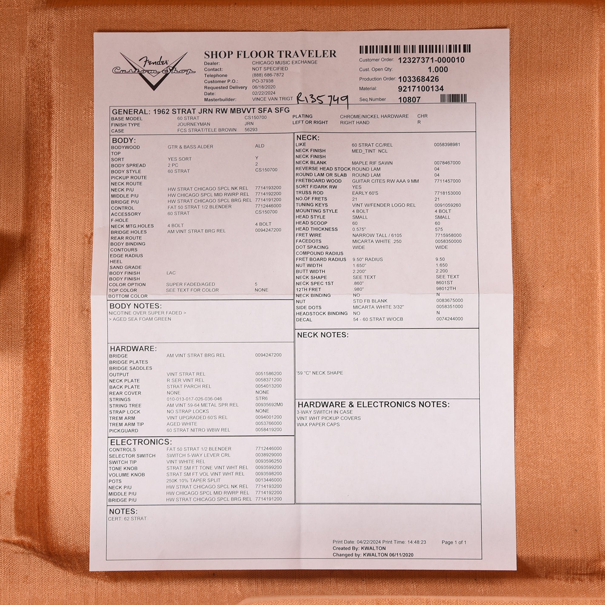 Fender Custom Shop 1962 Stratocaster Journeyman Super Faded Aged Nicotine Sea Foam Green Master Built by Vincent Van Trigt