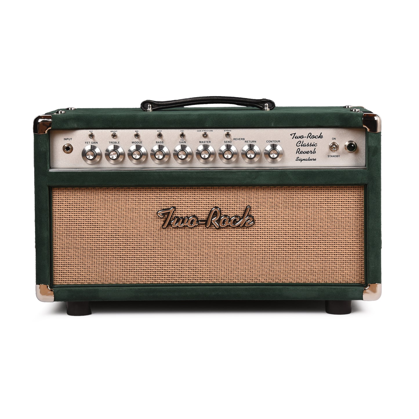 Two Rock Classic Reverb Signature Silver Anodized 100w Head Forest Green Suede w/ Cane Grill & Silver Skirted Knobs