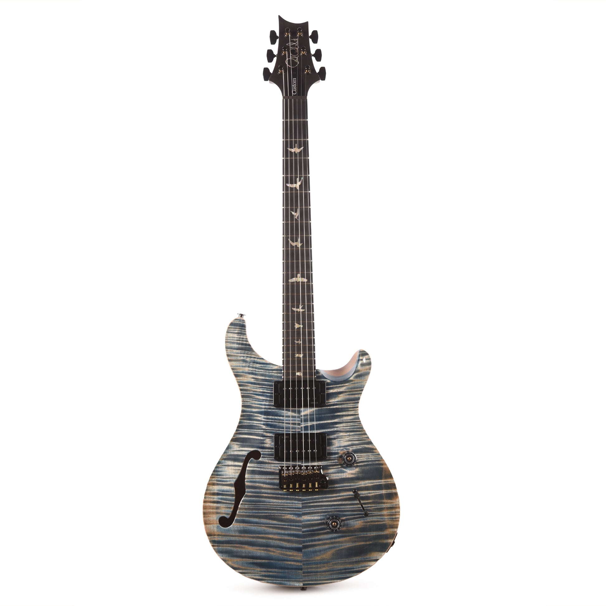 PRS Custom 24 Semi-Hollow Artist Flame Maple Top Awabi Birds Private Stock Faded Indigo w/Natural Back Electric Guitars