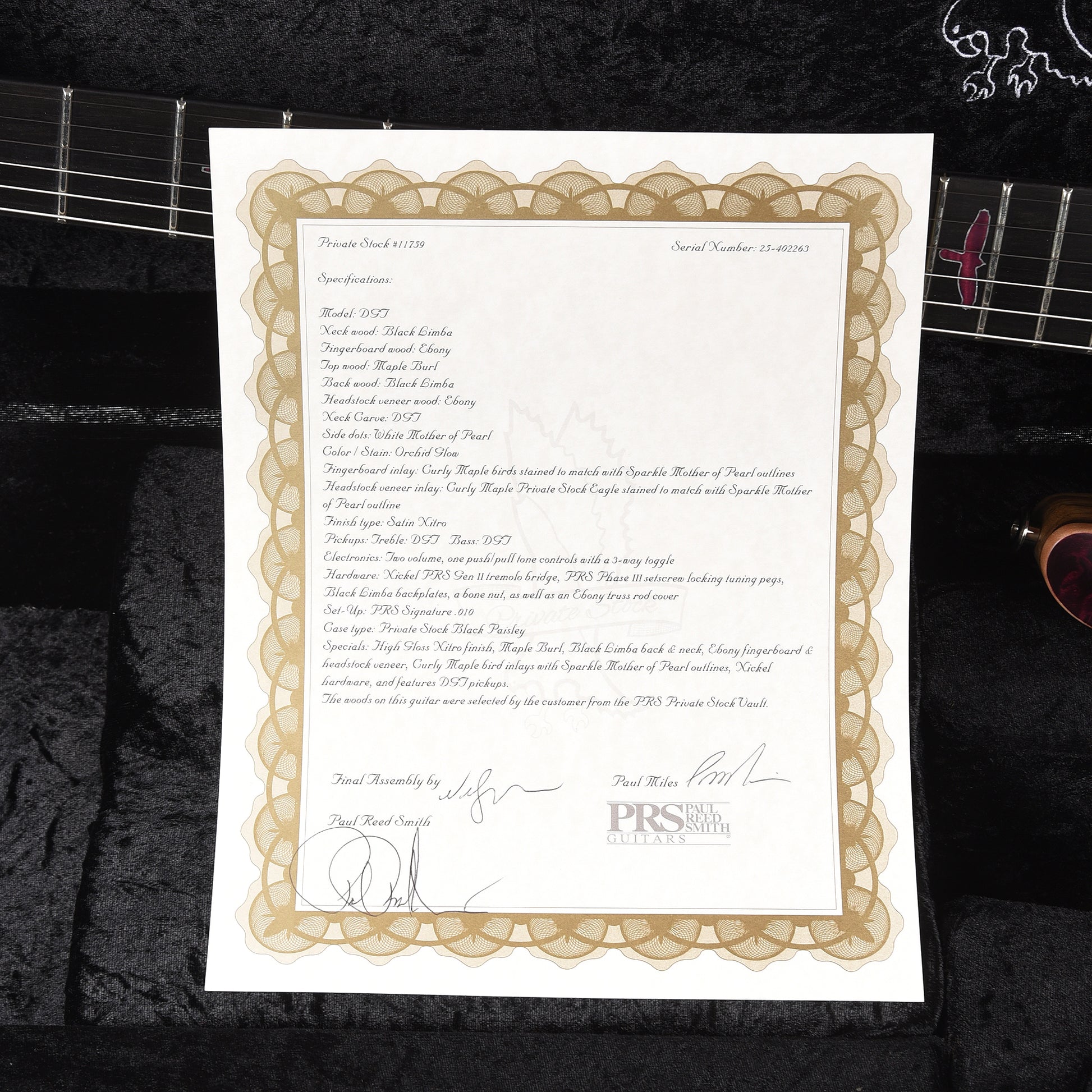 PRS Private Stock #11759 DGT Maple Burl/Black Limba Orchid Glow w/Black Limba Neck & Matching Orchid Glow Inlays Electric Guitars / Solid Body